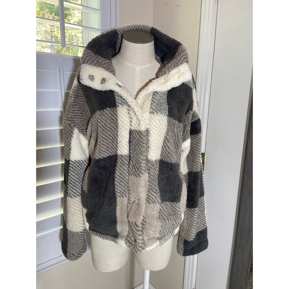 Thread & Supply Sherpa Jacket S Gray Plaid Fleece Wubby Cozy Gorpcore Cabin NWT